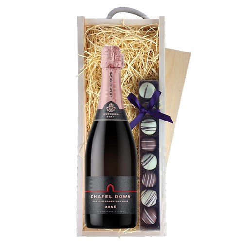 Chapel Down Rose English Sparkling Wine 75cl & Truffles, Wooden Box